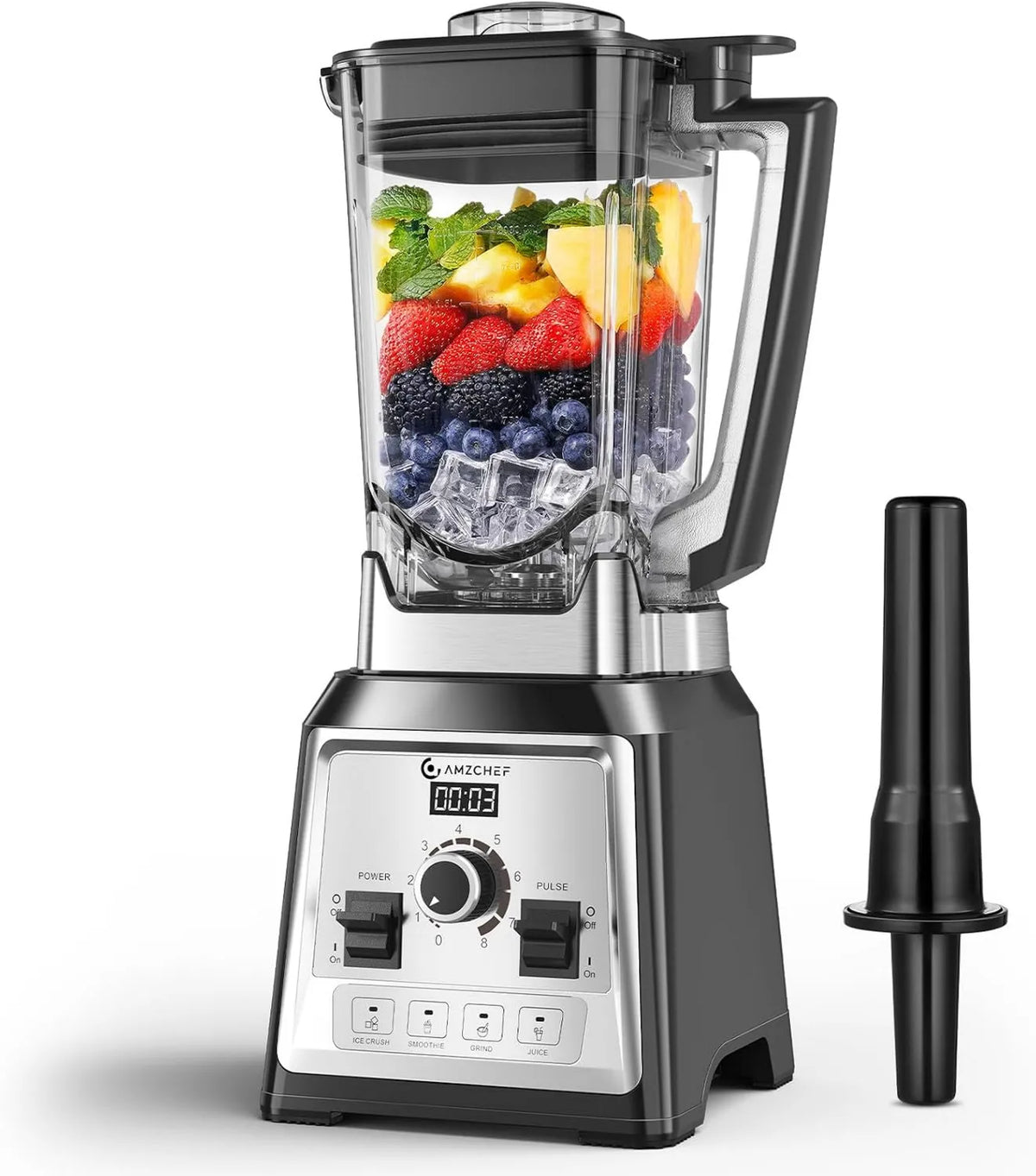 AMZCHEF blender kielichowy, Mikser, 2 l, 2000 W, 4 programów, profesjonalny, stal nierdzewna, 8 ostrzy ze stali nierdzewnej, 25000 Tr, min, BPA- free dla mrożonych owoców i kuchni