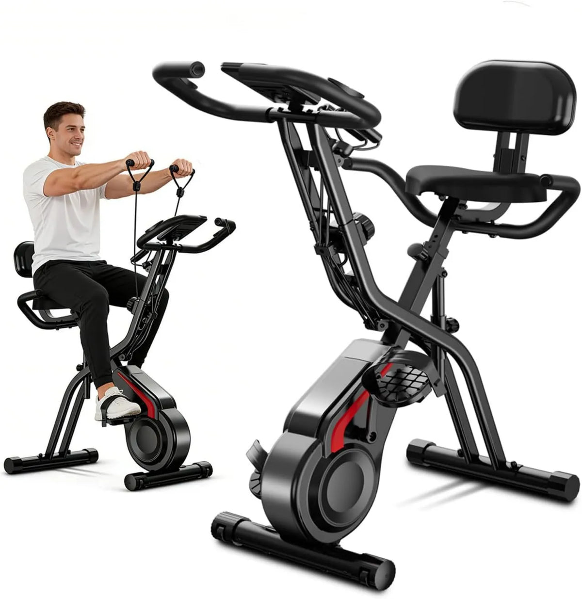 Rower, 136 kg, Składany rower treningowy 5 w 1 do domu, rower statyczny z 8 poziomami oporu magnetycznego, elastycznymi taśmami