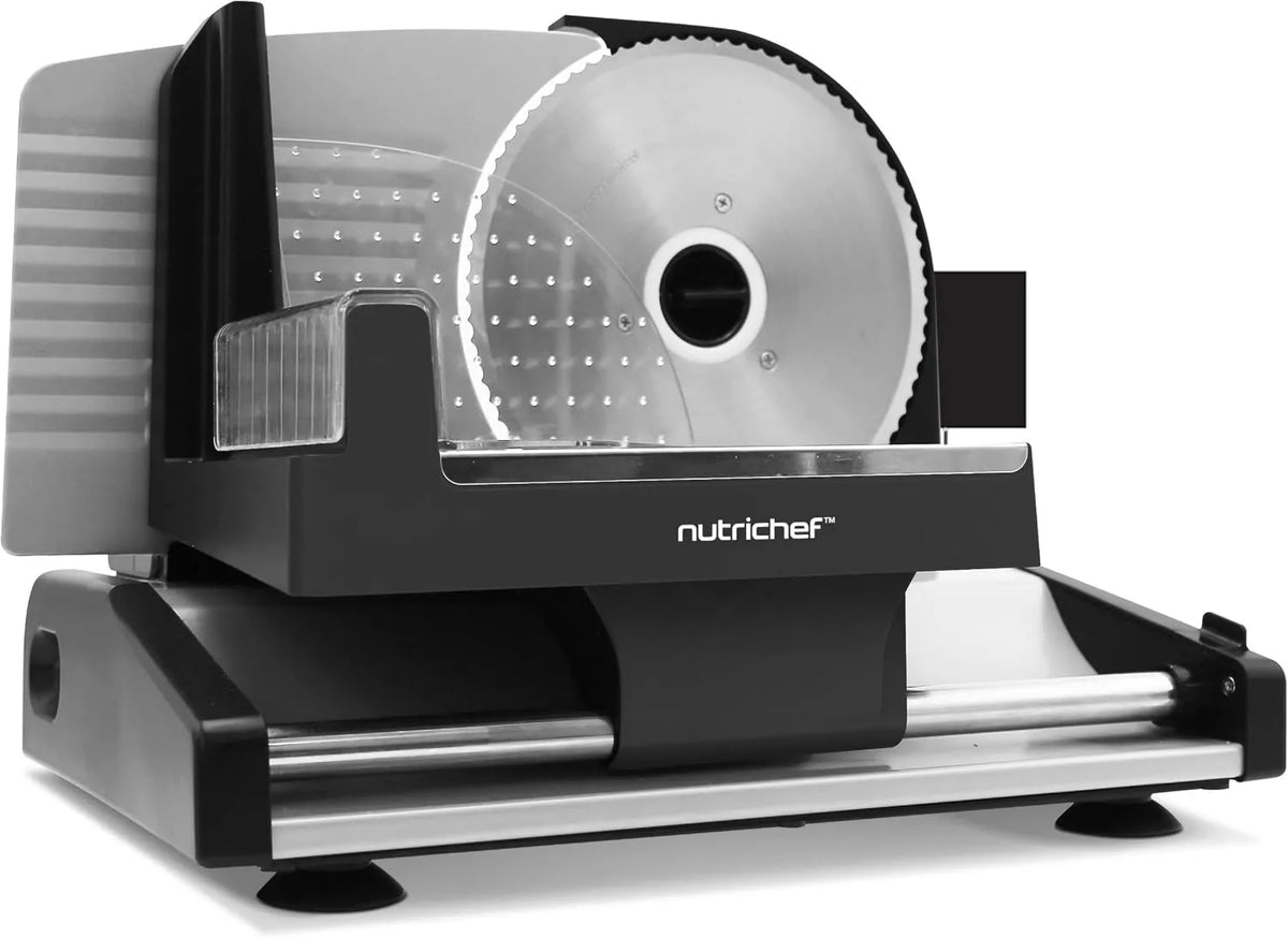 NutriChef krajalnica, 200 W Elektryczny nożyce do mięsa i chleba, do kompaktowego automatycznego nożyc, czarny, stal nierdzewna 19 cm Ostrze amoterble, Grubość
