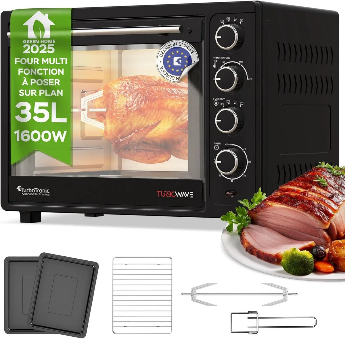 TurboTronic By Z-LINE mini piekarnik, Elektryczny piec do pizzy, 35 l, 1600 W, kompaktowy, kemping, Wliczone 2 talerze do gotowania, TurboTronic Mini konwekcja Piec z pieczenia