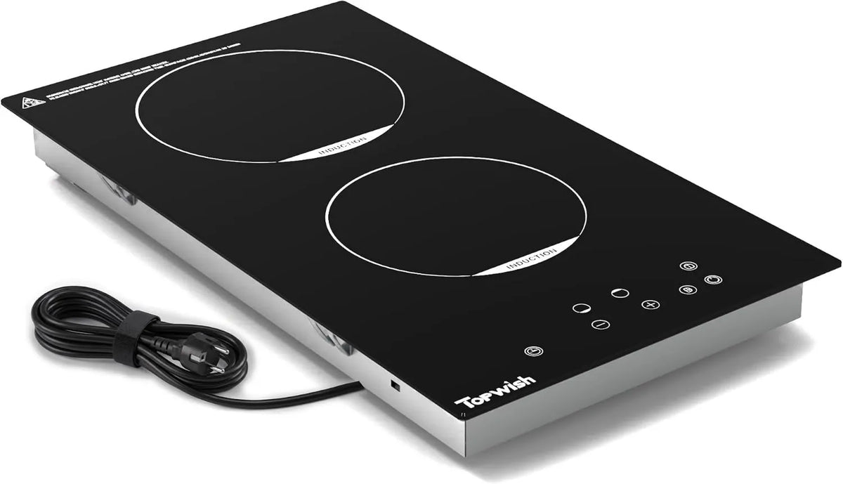 TOPWISH płyta grzewcza, Płyta indukcyjna, 30 cm, 2 pola grzewcze, 3500 W, indukcyjny stół kuchenny, Boost, blokada, zwrotny, licznik, 9 poziomów mocy