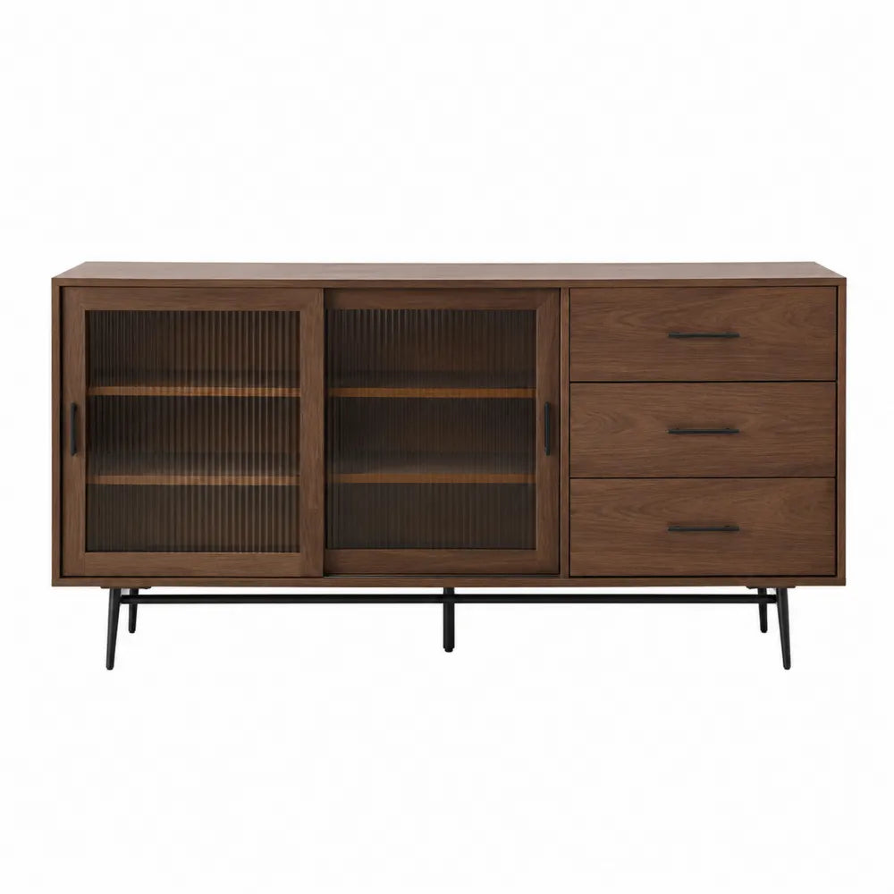 Kredens z drewna dębowego, szkło prążkowane, trzy szuflady, brązowy 140 cm