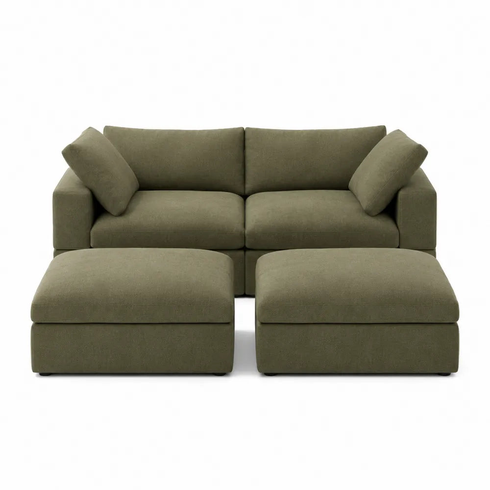 Sofa modułowa z pufami, oliwkowy poliester