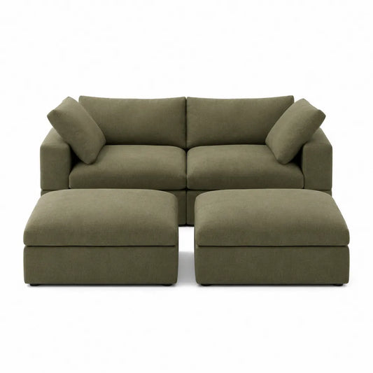 Sofa modułowa z pufami, oliwkowy poliester