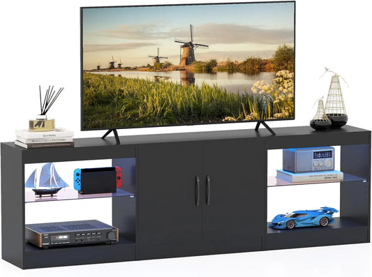 GYMAX, Szafka TV, 85 cali, 195x30x55 cm, dekoracja pokoju dziennego, czarny, 3 Części Modułowe Free combination, z regulowanymi półkami, do pokoju