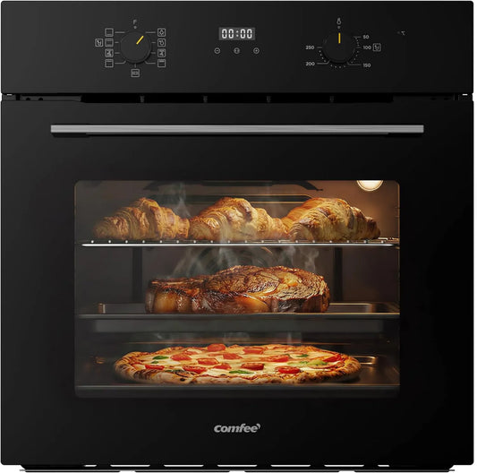 Comfee piekarnik do zabudowy, Pizza piekarnik elektryczny, 60 cm, 70 l, klasa energetyczna E, zwrotny, licznik, grill, para, czarny, pizza funkcja, 3 kW, LED wyświetlacz z