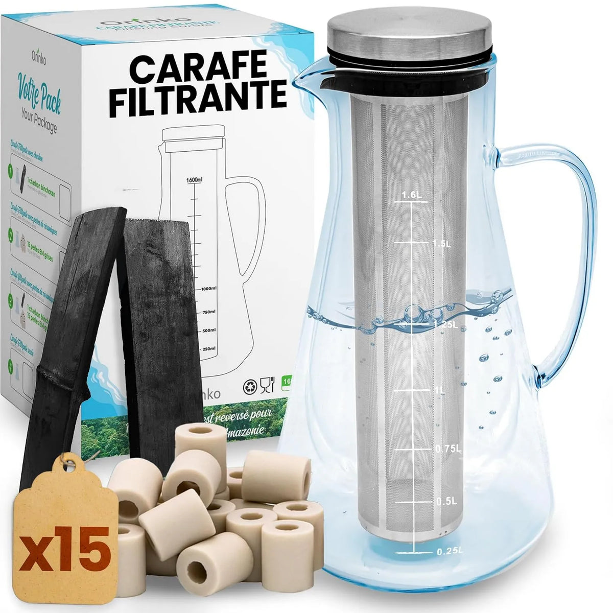 orinko, x15 Silny filtr naturalny 2.5 l / Stack, Aktywny węgiel roślinny do naturalnej wody oczyszczającej, Filtrujący karafkę w szkle 1.6 l + węgiel