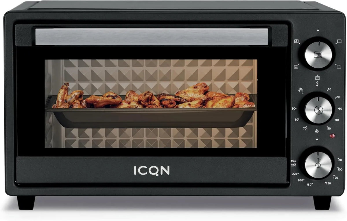 ICQN mini piekarnik, Piec elektryczny, 20 l, 1500 W, 5 programów, licznik czasu, grill, kompaktowy, czarny, dolny z funkcją wirowania ciepła