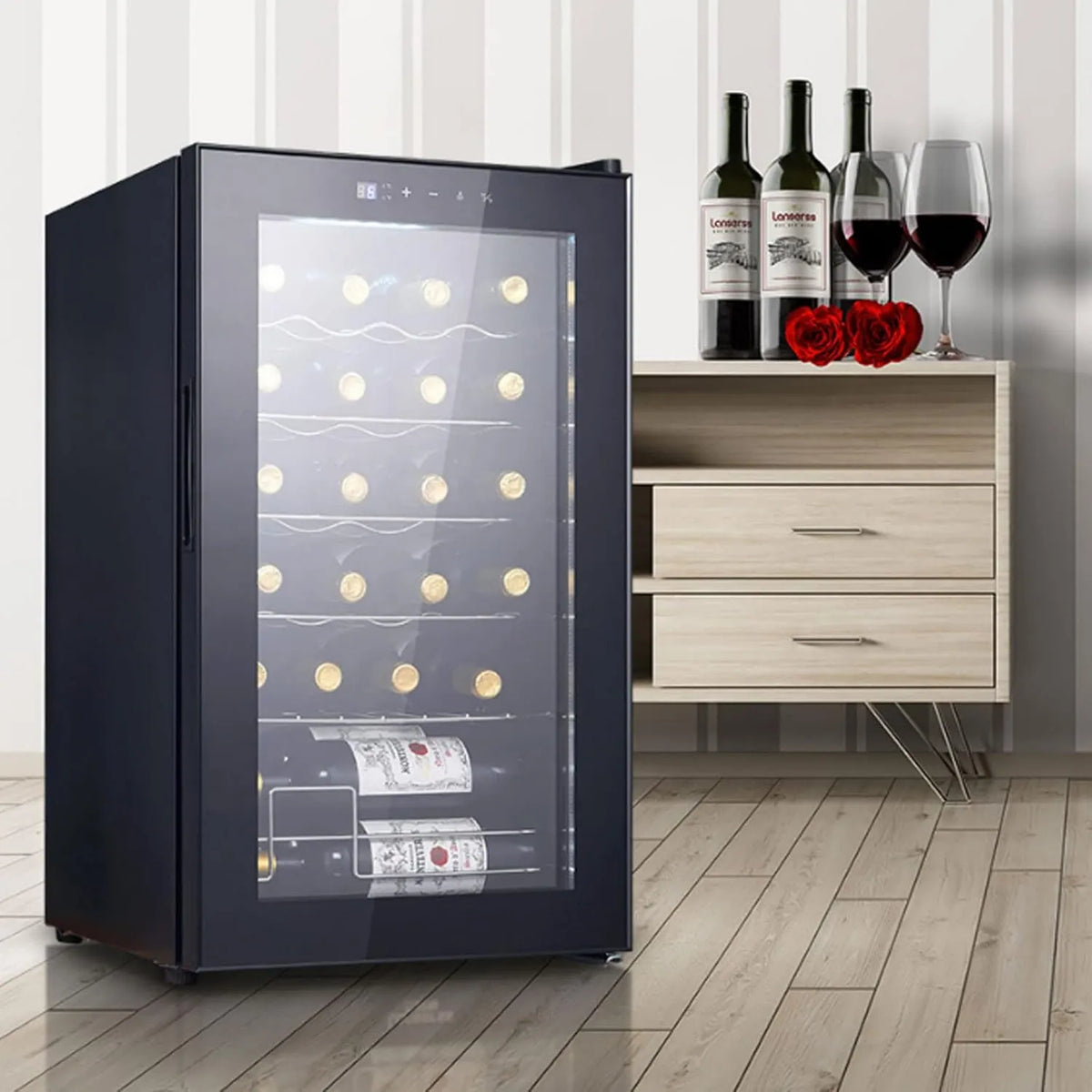0℃ Outdoor 0℃ do użytku na zewnątrz chłodziarka do wina, Winiarnia elektryczna, 70 l, 24 butelki, 5 do 18°C, dotyk, stal nierdzewna, czarny, 3 półki, piwnica z regulatorem temperatury: 5- 18°C