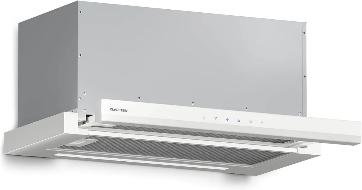 KLARSTEIN okap kuchenny, 60 cm, 896 m3 / h, klasa energetyczna A, dotyk, tłumik, biały, LED, kaptur do ciągników, filtr węglowy m3/h