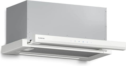 KLARSTEIN okap kuchenny, 60 cm, 896 m3 / h, klasa energetyczna A, dotyk, tłumik, biały, LED, kaptur do ciągników, filtr węglowy m3/h