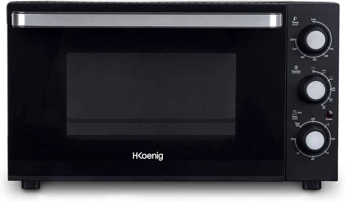 H.Koenig mini piekarnik, Piec elektryczny FO30, 30 l, 1500 W, licznik, kompaktowy, Non- stick płyta kuchniowa, 230 °, Drzwi szklane Podwójne szyby