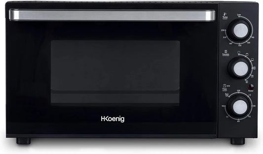 H.Koenig mini piekarnik, Piec elektryczny FO30, 30 l, 1500 W, licznik, kompaktowy, Non- stick płyta kuchniowa, 230 °, Drzwi szklane Podwójne szyby
