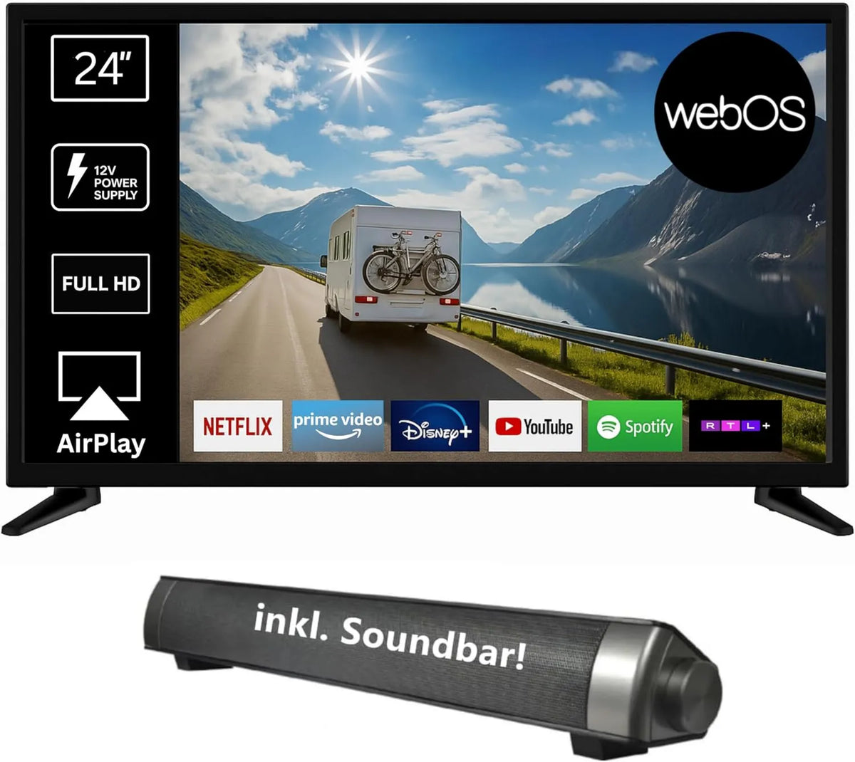 Telewizor Smart TV, Full HD, sterowanie WiFi, łączność Bluetooth, zdalne sterowanie, Reflexion LED24iBT Smart TV 24' z listwą dźwiękową