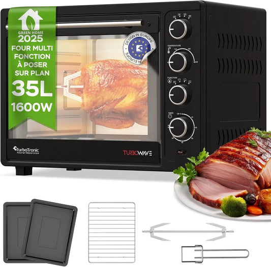 TurboTronic By Z-LINE mini piekarnik, Elektryczny piec do pizzy, 35 l, 1600 W, kompaktowy, kemping, Wliczone 2 talerze do gotowania, TurboTronic Mini konwekcja Piec z pieczenia