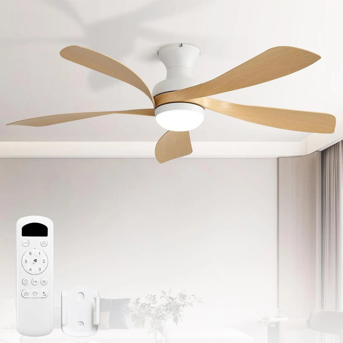 Sofucor, Wentylator, 132 cm, zegar, dekoracja salonu, tłumik, Lampa LED tłumiąca, 3 ustawienia kolorów, 6 prędkości