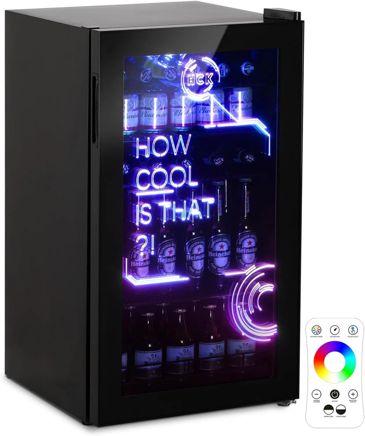 HCK minilodówka, Lodówka, 98 l, 0 do 10°C, cichy, czarny, Mini Bar Wnętrze, Mini Lodówka z nowoczesnym cyberpunkiem Oświetlenie, Na Gry Pokój, Strona