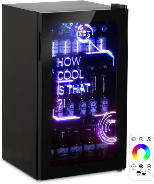 HCK minilodówka, Lodówka, 98 l, 0 do 10°C, cichy, czarny, Mini Bar Wnętrze, Mini Lodówka z nowoczesnym cyberpunkiem Oświetlenie, Na Gry Pokój, Strona