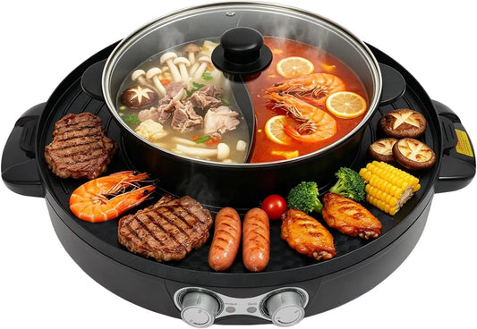 SanBouSi grill elektryczny, Grill, Fondue, 2200 W, wolna pozycja, 2 strefy temperaturowe, na posiłki